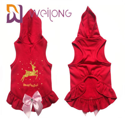 Satin Busur Dicetak Golden Rusa Anjing Mantel Musim Dingin Merah Natal Hoodie untuk Anjing Kucing